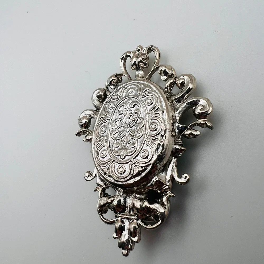 Vintage Ornate Scroll Brooch Scarf Clip Dual Purpose Silver Tone Victorian Style